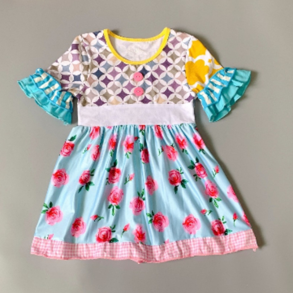 Boutique Floral Blue Ruffle Sleeve Dress